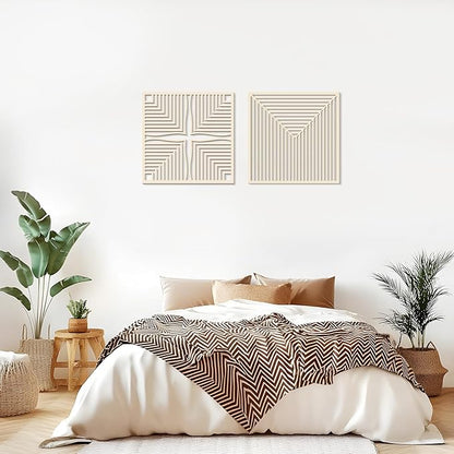 Homenthus 2 Pcs Abstract Wood Wall Art, Mid Century Modern Geometric Wood Wall Decor Minimalist Wooden Wall Art Decor Panels for Boho Living Room Bedroom Kitchen Dining Room Office Home Wall Decor