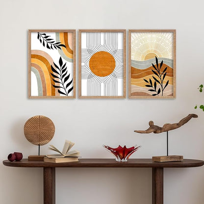 SRSZHIYUE Boho Art Wall Decor Wooden Framed 24x16 Inch Set of 3 Geometric Sun Desert Plant Wall Art for Bedroom Living room Hanging (Wood)