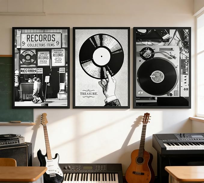 3Pcs Retro Music Poster Wall Art Fashion Black And White Photography Preppy Vinyl Record Store Painting Picture Wall Decor Bar Rock Music Lovers Print Artwork for Recording Studio Club Home Decoration