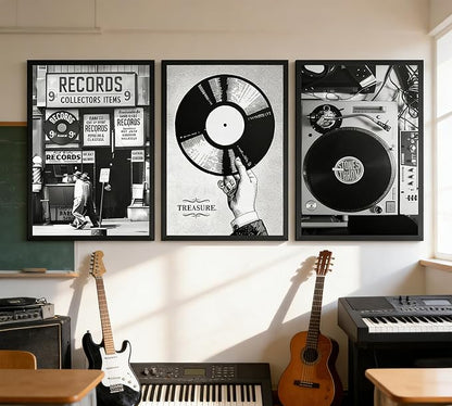 3Pcs Retro Music Poster Wall Art Fashion Black And White Photography Preppy Vinyl Record Store Painting Picture Wall Decor Bar Rock Music Lovers Print Artwork for Recording Studio Club Home Decoration
