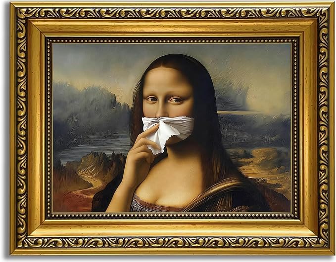 YD&YZY Gold Framed Funny Bathroom Wall Art Mona Lisa Humor Amusing Toilet Art Pinching Nose Wall Decor Vintage Unique Art Painting Picture Print Whimsical Bathroom Restroom 8x10 inch Small Framed
