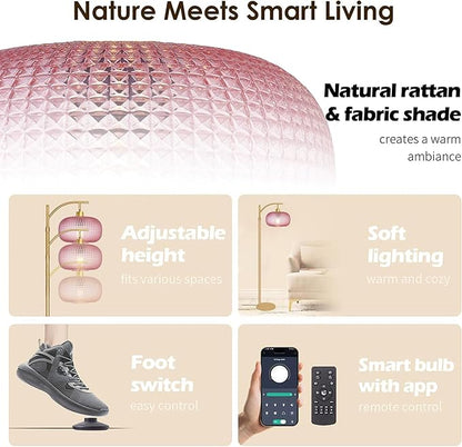 Glass Floor Lamp for Living Room, Modern Tall Standing Lamp with Pink Glass Lamp Shade, Dimmable Gold Tall Floor Lamp for Bedroom Office with Remote Control, 1 x 12W LED Bulbs Included