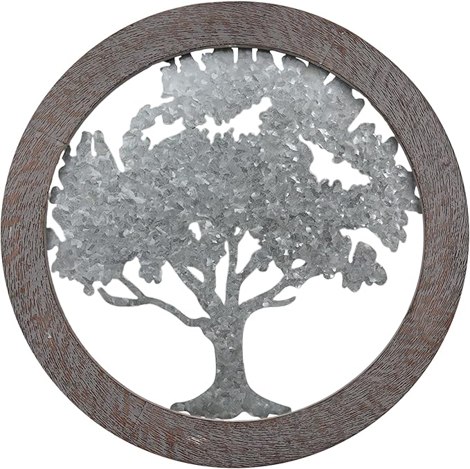 Hosley Metal Tree of Life Wall Art with Wooden Ring 20 Inch Round – Rustic Farmhouse Wall Décor for Living Room, Bathroom, Bedroom, Dining Room – Housewarming Gifts