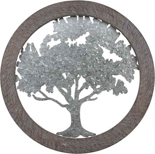 Hosley Metal Tree of Life Wall Art with Wooden Ring 20 Inch Round – Rustic Farmhouse Wall Décor for Living Room, Bathroom, Bedroom, Dining Room – Housewarming Gifts