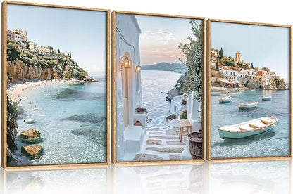 Greek Island Coastal Framed Canvas Wall Art Set,Modern Mediterranean Whitewashed Architecture Scenery Wall Decor,Natural Blue Beach Boat Landscape Artwork for Living Room,Farmhouse- 16"x24"x3