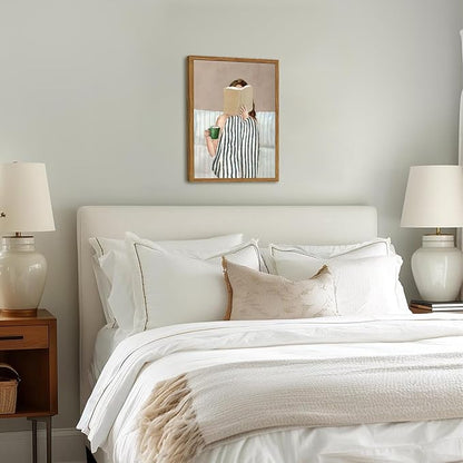 Framed Trendy Preppy Canvas Wall Art, Woman Reading Book with Coffee Pictures Wall Decor Paintings, Blue and White Striped Prints Girly Home Decor for Living Room Bedroom Dorm 16x24 inch