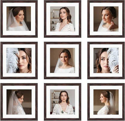 10x10 Picture Frame Set of 9, Display Pictures 8x8 with Mat or 10x10 without Mat, Multi Collage Gallery Square Photo Frames for Wall or Tabletop, Brown