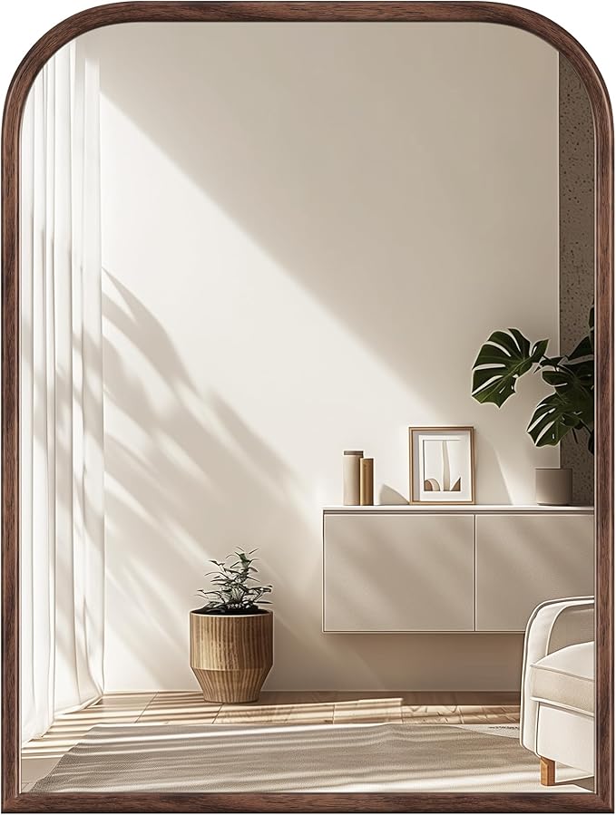 30"x40" Arch Wall Mirror Bathroom Mirror for Wall Mounted, Tempered Glass, Wood Grain Finish Frame Wall Mirror Decorative for Bedroom Living Room Entryway