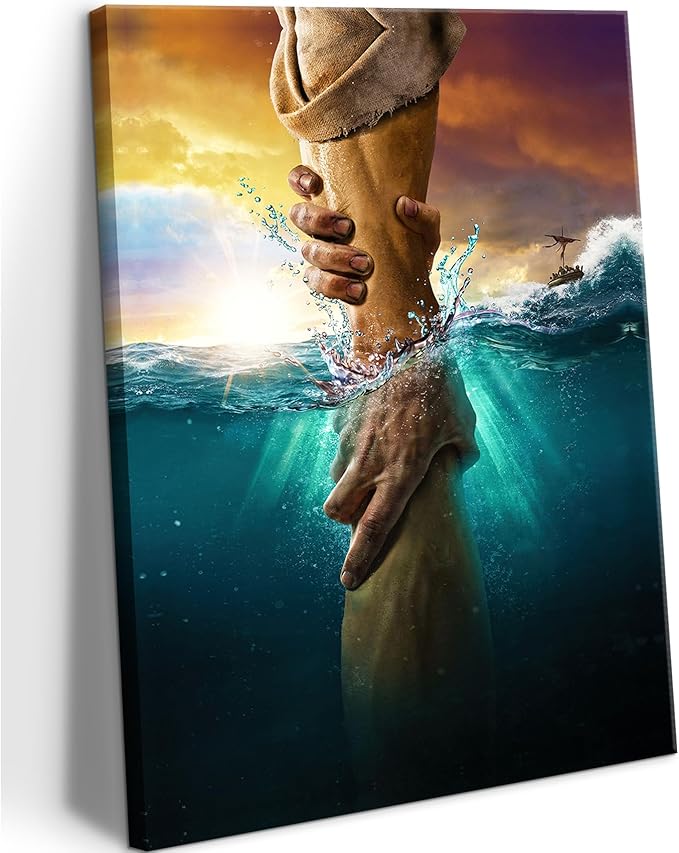 Jesus Christ Canvas Wall Art The Hand of God Jesus Reaching Into Water Christian Painting Prints Biblical Wall Decor Religious Room Decor for Church Living Prayer Bedroom Room Hospitals 16x24In canvas