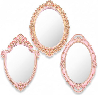Beeveer 3 Style Vintage Mirrors Set Decorative Oval Wall Mirror Small Antique Mirrored Tray Decorative Hanging Mirror for Bathroom Bedroom Jewelry Organizer Victorian Decor (Shield,Pink)