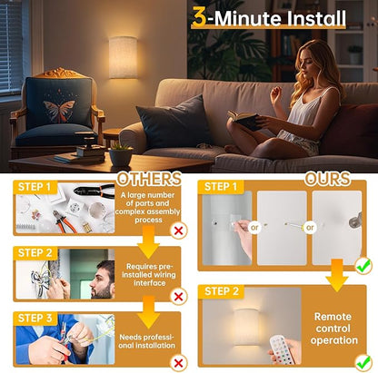 Shenmoyl Battery Operated Wall Sconce Set of 2, Rechargeable 6000mAh Magnetic Bulb, No Drill Stick On Cordless Wall Light, RGB & 3 Color Temperatures Dimmable with Linen Shade for Bedroom Living Room