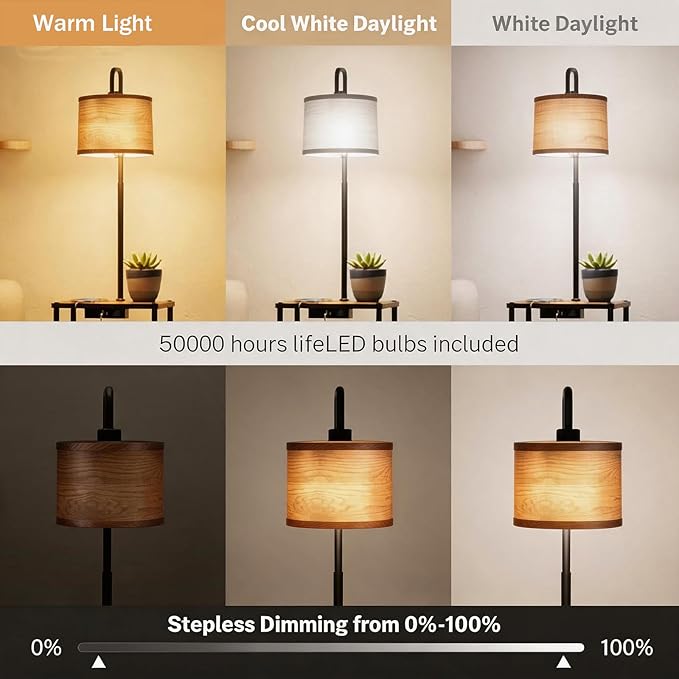 Floor Lamp with Table, Shelves, Side Table with USB Charging Port and Outlet, Modern Bedside Nightstand End Table with Lamp for Living Room, Bedroom, Guest Room, Bulb Included, Wood Grain