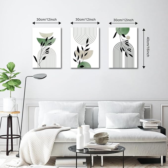 WENGTIAO 3Pcs Boho Sage Green Canvas Wall Art MInimalist Geometric Line Leaf Pictures Prints Paintings Abstract Mid Century Botanical Green Plant Artwork for Living Room Bedroom Bathroom 12x16x3