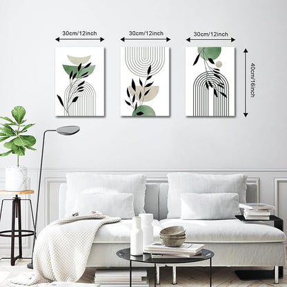 WENGTIAO 3Pcs Boho Sage Green Canvas Wall Art MInimalist Geometric Line Leaf Pictures Prints Paintings Abstract Mid Century Botanical Green Plant Artwork for Living Room Bedroom Bathroom 12x16x3