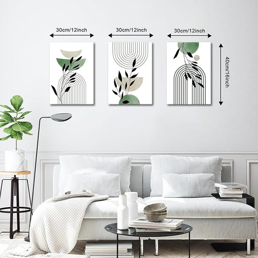 WENGTIAO 3Pcs Boho Sage Green Canvas Wall Art MInimalist Geometric Line Leaf Pictures Prints Paintings Abstract Mid Century Botanical Green Plant Artwork for Living Room Bedroom Bathroom 12x16x3