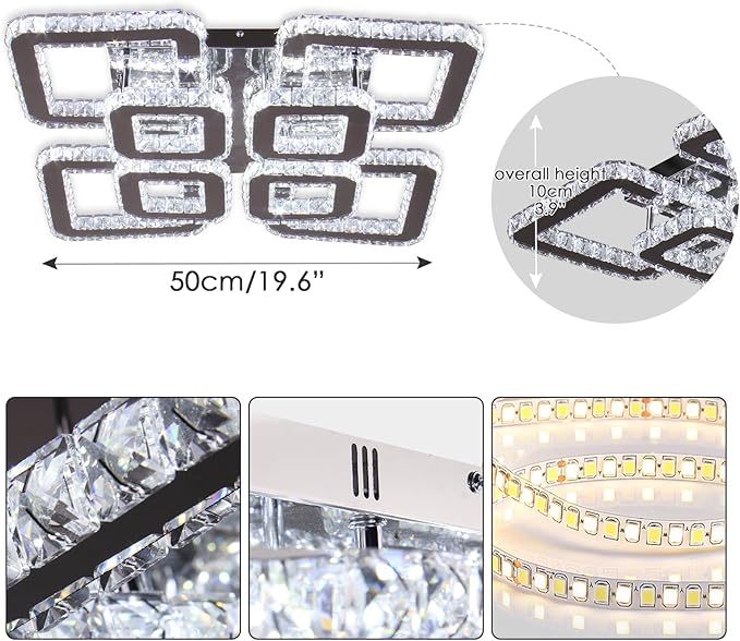 FRIXCHUR Square Crystal Chandelier 20 Inch Flush Mount Ceiling Light 8 Light Modern LED Crystal Ceiling Fixture with 3 Color Light for Bedroom Living Room Dining Room
