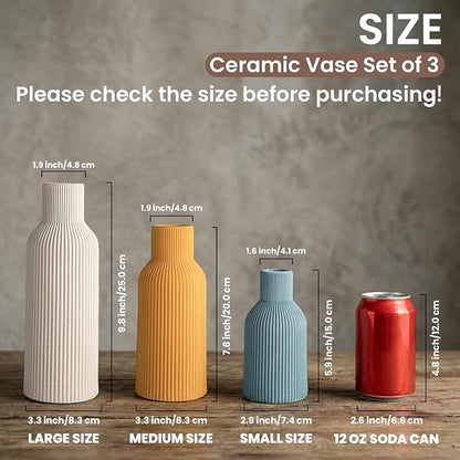 Colorful Ceramic Flower Vases Set of 3, Matte Vertical Ribbed,Minimalist for Pampas, Dried & Fresh Flowers, Centerpiece for Living Room, Shelf, Entryway, Wedding (White, Yellow, Blue)