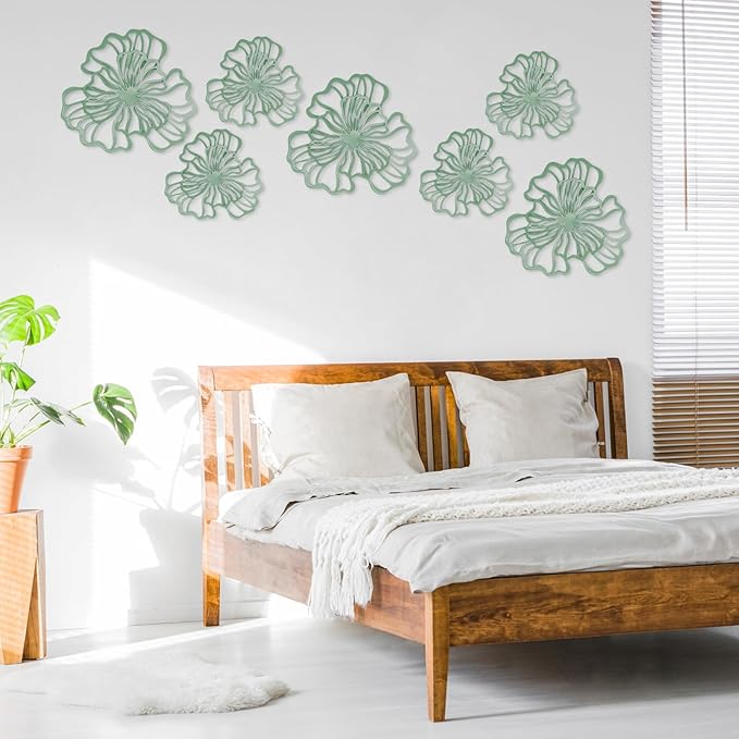 7 Piece Metal Wall Decor for Living Room, Boho Double Layered Iron Flower Wall Hanging Art, Aesthetic Indoor Metal Wall Sculpture Decor for Bedroom Kitchen Bathroom Farmhouse Home Office, Green