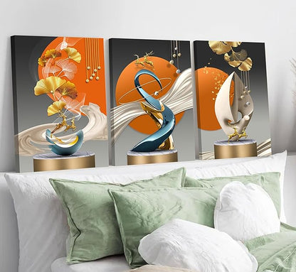 3pcs Modern Abstract Canvas Wall Art Golden Deer Ginkgo Leaf Luxury Foil Lines Wall Decor Pictures White Blue Orange Color Posters Prints Paintings for Living Room Bedroom Office Home Decoration