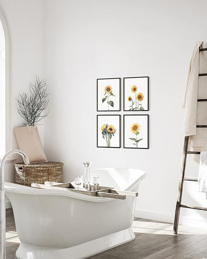 HAUS AND HUES Sunflower Posters - Set of 4, Floral Bedroom Decor, Sunflower Paintings for Wall, Yellow Kitchen Art (11x14, Black Frame)