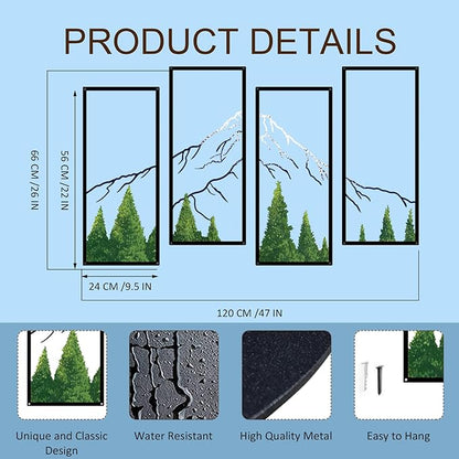 ruelen 4 Pcs Metal Mountain Forest Snow Mountain Wall Decorations，Large Abstract Minimalist Line Drawing Colorful Mountains Wall Art Home Decor for Living Room Bathroom Bedroom Office（Green，Large ）