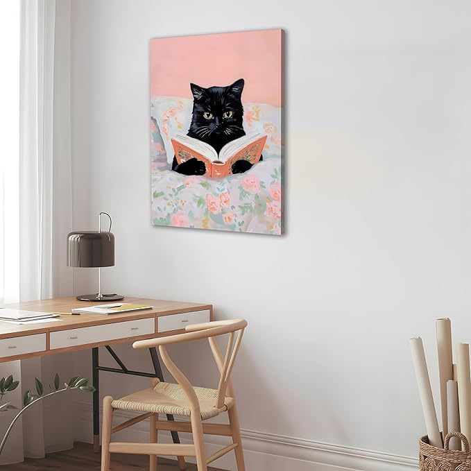 Framed Cats Canvas Wall Art, Funn Black Cat Reading Books Picture Wall Decor, Pink Vintage Animal Poster Prints for Girls Room Bedroom Kids Room Living Room Bathroom Decor 12x16 inch