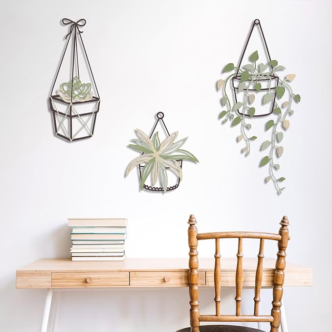 Vineland Metal Wall Art for Bathroom, Set of 3 Botanical Plant Designs, Minimalist Modern Boho Hanging for Home Outdoor Decor (Green)