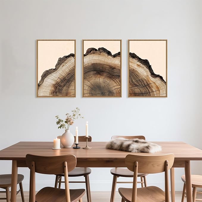 KAIRNE Vintage Tree Rings Framed Canvas Wall Art Set, Retro Wood Stump Wall Decor, Neutral Tree Spiral Art Prints, Modern Annual Ring Artwork for Living Room, Bedroom, Farmhouse, Office-24 x36 x3