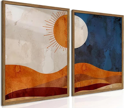 Framed Boho Sun and Moon Canvas Wall Art Set of 2, Vintage Western Desert Landscape Wall Decor Paintings, Mid Century Modern Abstract Pictures Prints Artwork for Living Room Bedroom Office 16x24 inch