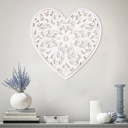 HOTBEST Wooden Wall Decor Floral Hollow Carved Wall Panel Hanging Decor Rustic Art Sculpture Home Ornament for Hallway Bedroom Living Room Cafe Office (Heart Shape 30 * 30cm)