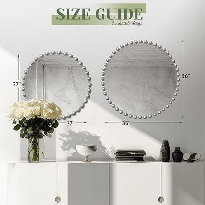 36'x36' Beaded Silver Round Wall Mirror with Metal Frame, Small Vintage Retro Baroque Ornate Vanity Mirror for Bathroom, Fireplace,Entryway, Living Room (Beaded Round Mirror)