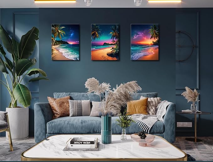 Sunset Ocean Canvas Wall Art Tropical Beach Prints Painting Palm Coconut Tree Natural Landscape 3 Panels Framed Coastal Artwork for Bathroom Living Room Bedroom Decor 16"x24"x3pcs