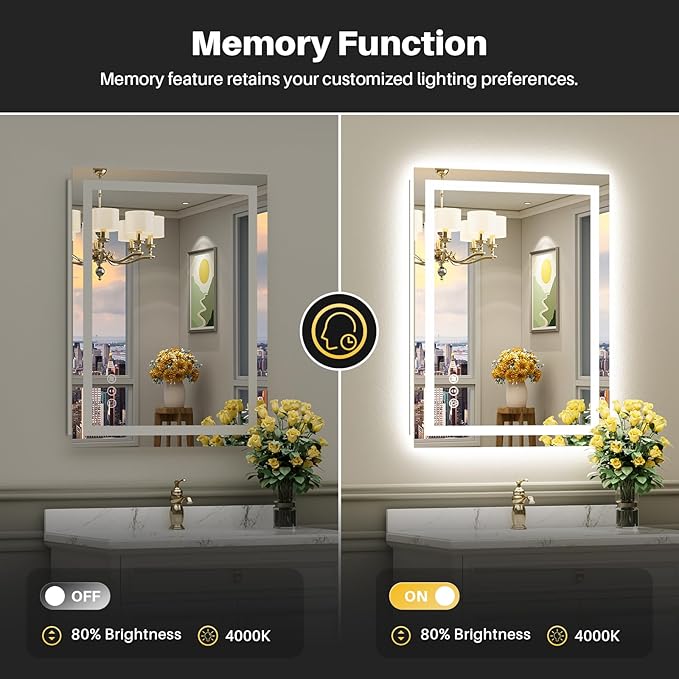 30x36 Inch LED Bathroom Mirror with Lights, Backlit & Front Lit, Anti-Fog Lighted Bathroom Vanity Mirror for Wall, Memory Function, Dimmable, HD Tempered Glass, Shatter-Proof