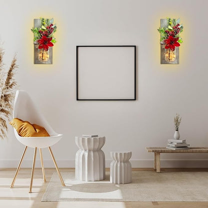 Mason Jars Sconce Decor Rustic Wall Sconces Handmade Wall Art Hanging Design with Remote Control LED Fairy Lights and Red Berry, Xmas Farmhouse Wall Home Decor Living Room Lights Set of Two