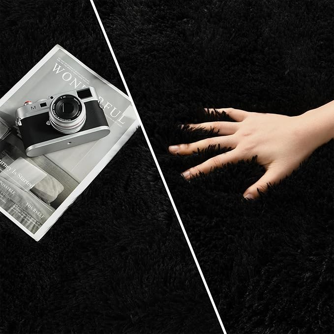 Deerhoo Large Shag Area Rugs 9 x 12, Plush Fuzzy Rugs for Living Room, Ultra Soft Fluffy Furry Rug for Bedroom, Indoor Carpet Nursery Rugs for Kids Room Home Decor, Black
