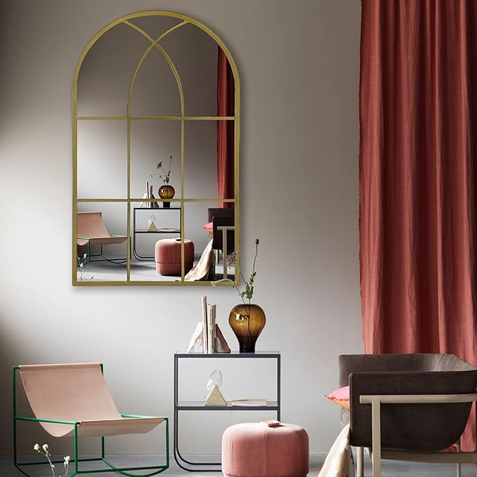 ironsmithn Gold Arched Mirror, 41.3"x24" Windowpane Mirrors, Window Finished Metal Mirror, Black Grid Mirrors for Decor Living Room Fireplace Entryway Bedroom Hallyway