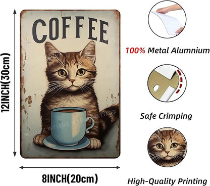 Metal Signs cat coffee retro Sign Vintage Signs Retro Aluminum Tin Sign for Kitchen Office Home Bar Cafe Decor 8x12 Inch