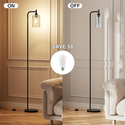 Ziisee Floor Lamps for Living Room - Standing Lamp with Grey Glass Shade, Modern Floor Lamp with LED Bulbs, Industrial Floor Lamp for Bedroom, Black Tall Lamp for Office(Light Bulb Included)