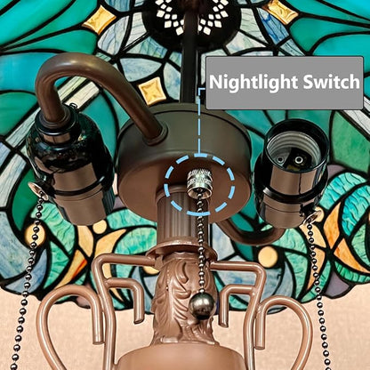 Tiffany Table Lamp with Nightlight Sea Green 3 Lights Stained Glass Desk Lamp for Reading Antique Nightstand Table Light for Living Room Bedroom Entryway