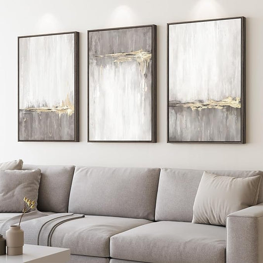 Framed Grey White Abstract Wall Art for Living Room, 3 Piece Large Gold Neutral Canvas Prints Artwork for Walls, Gray Modern Minimalist Paintings Pictures for Home Office Hallway Wall Decor, 24X36 In