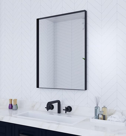 VocalStar Black Metal Framed Bathroom Mirror for Wall, 24 x 32 Inch Square Corner Rectangle Black Bathroom Vanity Mirror Modern Farmhouse, 1/4-inch Shatterproof Glass | Ultra-Flush Hanging