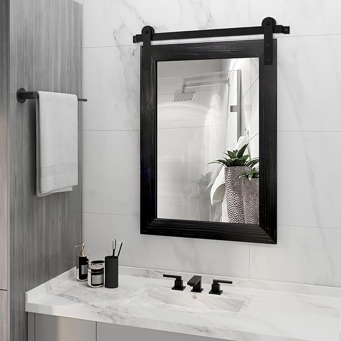 COGOOD Bathroom Mirrors for Over Sink - 21 x 30 Farmhouse Barn Door Wall Mirror for Bathroom, Living Room, Entryway Wall Decor, Black