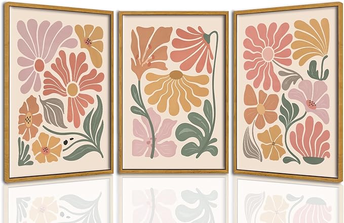 TBKHUDBI Framed Boho Flower Wall Art Abstract Floral Canvas Pictures Prints Set of 3 Minimalist Botanical Painting Poster Flower Market Aesthetic Wall Decor for Living room Bedroom 12"x16"