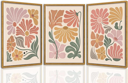 TBKHUDBI Framed Boho Flower Wall Art Abstract Floral Canvas Pictures Prints Set of 3 Minimalist Botanical Painting Poster Flower Market Aesthetic Wall Decor for Living room Bedroom 12"x16"