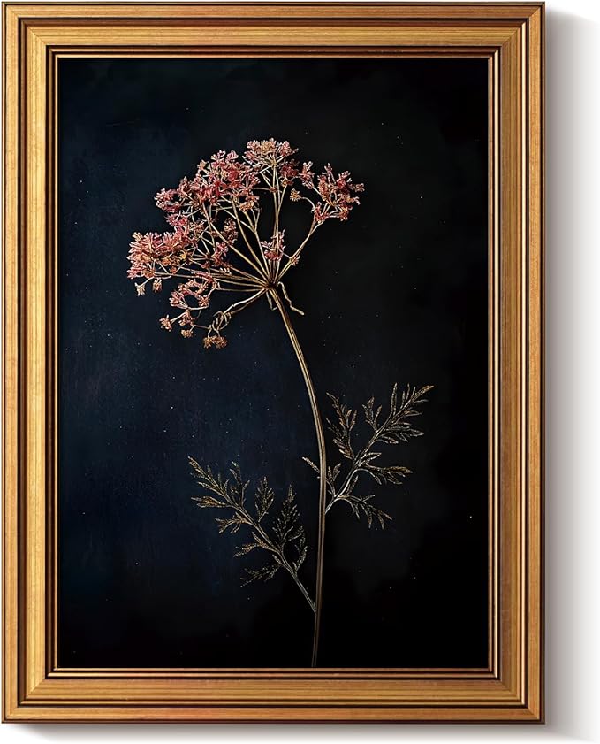 Bzstyleart Vintage Wall Art Decor for Living Room, Gold Framed Canvas Wall Art Home Decor Aesthetic Wild Carrot Flower Vintage Botanical Flower Prints, Canvas Picture Print Artwork, 12 x 16 Inch
