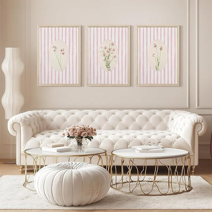 Pink Flower Wall Art Striped Floral Prints Botanical Canvas Wall Decor Aesthetic Pictures Pastel Pink Floral Poster Minimalist Flower Painting for Girl Room 12x16 Inch Framed Set of 3