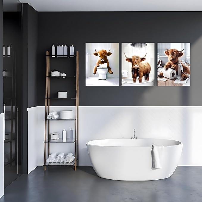 Funny Bathroom Highland Cow Wall Art, Brown Cute Cow Animal Canvas Posters Prints Set of 3, Vintage Rustic Farmhouse Home Pictures Wall Decor Painting for Bathroom Restroom Framed 16x24Inch