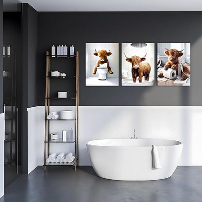 Funny Bathroom Highland Cow Wall Art, Brown Cute Cow Animal Canvas Posters Prints Set of 3, Vintage Rustic Farmhouse Home Pictures Wall Decor Painting for Bathroom Restroom Framed 16x24Inch