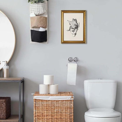 YD&YZY Gold Framed Funny Bathroom Frog Wall Art Canvas Frog on Toilet Reading Newspaper Wall Decor Unique Cute Animal Painting Picture Print Artwork for Bedroom Bathroom 12x16 inch Framed