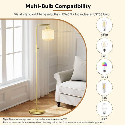 Glass Floor Lamp for Living Room, Modern Standing Lamp with White Glass Lampshade & Brushed Gold, Stepless Dimmable and Rotary Switch, 66” Tall Lamp & White Floor Lamp for Bedroom Study Room